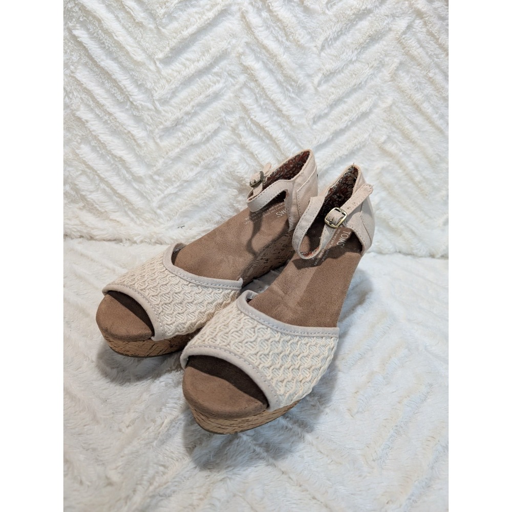 S6 Toms Cork Wedge Beige Platform Sling Back Open Toe Sandal Size 8.5